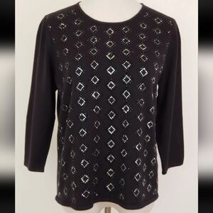 Alfred Dunner Womens Sweatshirt Black 3/4 Sleeve Rhinestone Decor Plus 3X